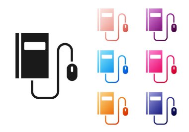 Beyaz zemin üzerinde fare simgesi olan siyah elektronik kitap. Çevrimiçi eğitim kavramı. E-kitap rozet ikonu. Simgeleri renklendirin. Vektör İllüstrasyonu.