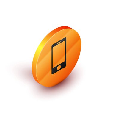 Isometric Smartphone, beyaz arkaplanda izole edilmiş bir cep telefonu simgesi. Turuncu daire düğmesi. Vektör İllüstrasyonu.
