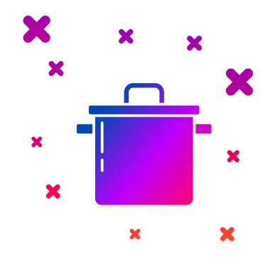 Beyaz arkaplanda izole edilmiş renkli tencere simgesi. Haşlama ya da güveç besin sembolü. Kademeli rastgele dinamik şekiller. Vektör.