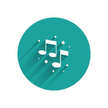 Beyaz müzik notası, ton simgesi uzun gölgeli. Yeşil daire düğmesi. Vektör.