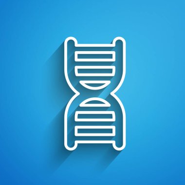 Mavi arkaplanda beyaz çizgi DNA sembolü izole edilmiş. Uzun gölge. Vektör.