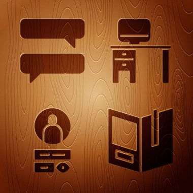 Açık Kitabı, Konuşma Baloncuğu Sohbetini, Hesap Ekranı 'nı ve Bilgisayar monitörünü ve masamızı tahta arka planda oluştur. Vektör.