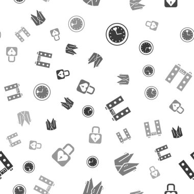 Saat, Takım Elbise, iki hoparlörlü ev teybi ve kilit ve kalbi kusursuz desene ayarlayın. Vektör.