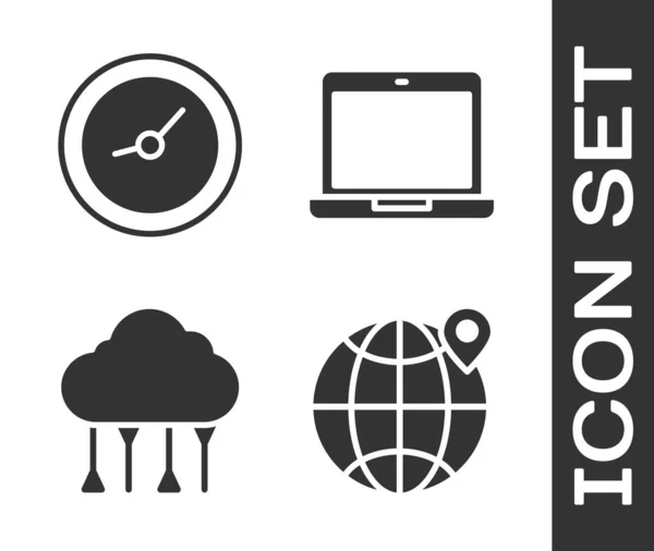 Set Location Globe Clock Network Cloud Connection Laptop Icon Vector — 스톡 벡터