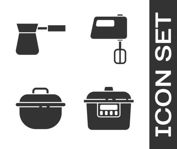 设置慢速炊具 咖啡土耳其 烹调壶和电动搅拌器图标 — 图库矢量图片