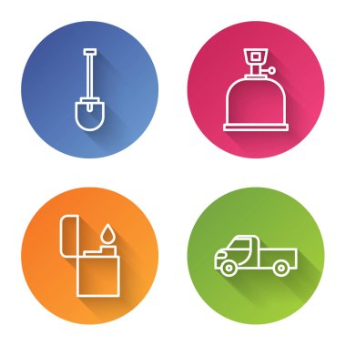 Kürek, kamp sobası, çakmak ve kamyonet. Renkli daire düğmesi. Vektör.