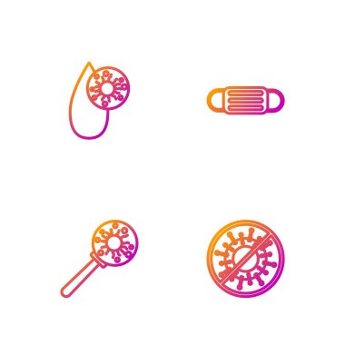 Hat kes. Virüsü büyüteç, kan testi ve tıbbi koruyucu maske altında tut. Renk simgeleri. Vektör.