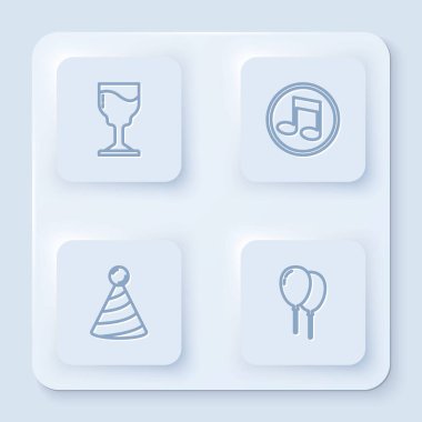 Şarap kadehi, nota, ton, parti şapkası ve kurdeleli balonlar. Beyaz kare düğme. Vektör.