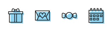 Bow kravatını, hediye kutusunu, Valentine 'ın kalbiyle zarfı ve takvim ikonunu ayarla. Vektör.