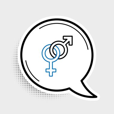 Gri arkaplanda çizgi cinsiyet simgesi izole edildi. Erkek ve kadın sembolleri. Seks sembolü. Renkli taslak konsepti. Vektör.