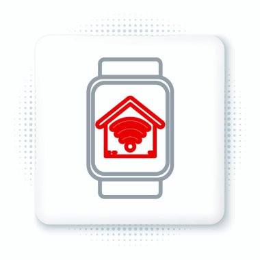 Beyaz arkaplanda kablosuz ağ ikonu olan akıllı bir eve sahip Line Smart saat. Uzaktan kumanda. Renkli taslak konsepti. Vektör.