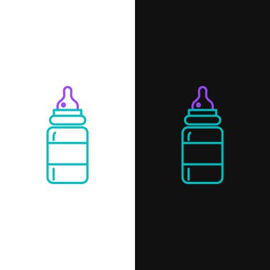 Çizgili Bebek Şişesi simgesi beyaz ve siyah arkaplanda izole edildi. Beslenme şişesi simgesi. Süt şişesi tabelası. Renkli taslak konsepti. Vektör.
