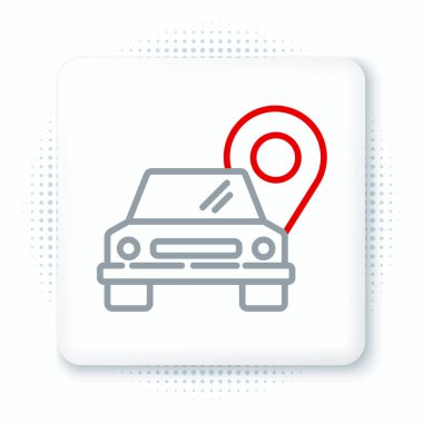 Beyaz zemin üzerinde taksi simgesi olan çizgi haritası işaretçisi. Konum sembolü. Renkli taslak konsepti. Vektör.