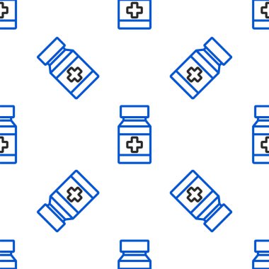 Line Dog ilaç şişesi ve ilaç ikonu beyaz arka planda izole edilmiş kusursuz desen. İçinde haplar olan konteynır. Hayvan için reçeteli ilaç. Renkli taslak konsepti. Vektör.