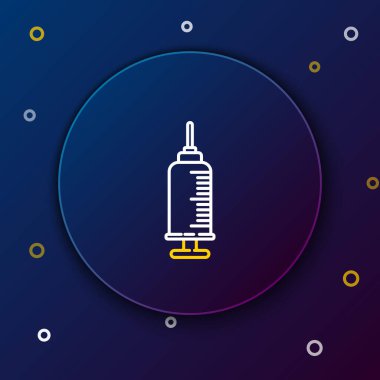 Mavi arka planda izole edilmiş evcil hayvan aşısı ikonu olan çizgi şırıngası. Köpek ya da kedi pençesi izi. Renkli taslak konsepti. Vektör.