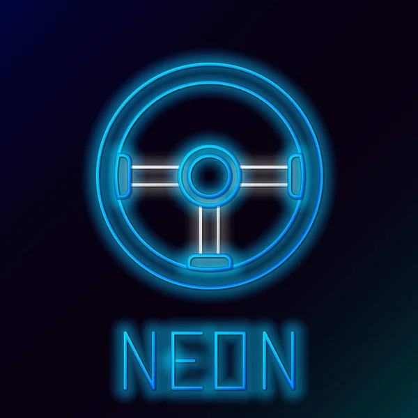 Gloeiende Neon Lijn Stuurwiel Pictogram Geïsoleerd Zwarte Achtergrond Autowiel Icoon — Stockvector