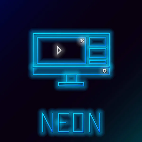 Glödande Neon Line Videobandspelare Eller Redigeringsprogram Datorskärm Ikon Isolerad Svart — Stock vektor