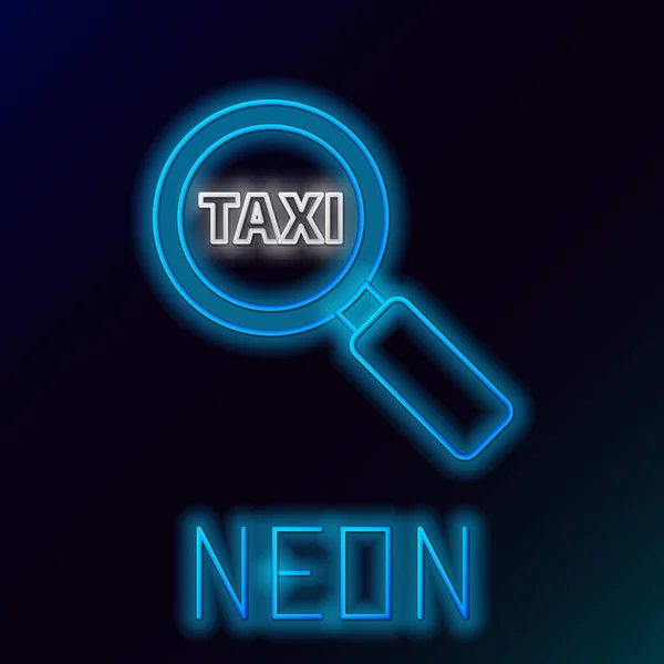Glowing Neon Line Magnifying Glass Taxi Car Icon Isolated Black — Stock Vector