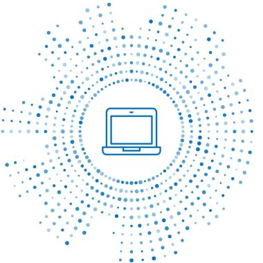 Mavi çizgi dizüstü bilgisayar simgesi beyaz arkaplanda izole edildi. Boş ekran işaretli bilgisayar defteri. Soyut çember rastgele noktalar. Vektör İllüstrasyonu.