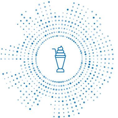 Mavi çizgi milkshake simgesi beyaz arkaplanda izole edildi. Kapaklı ve samanlı plastik bardak. Soyut çember rastgele noktalar. Vektör.