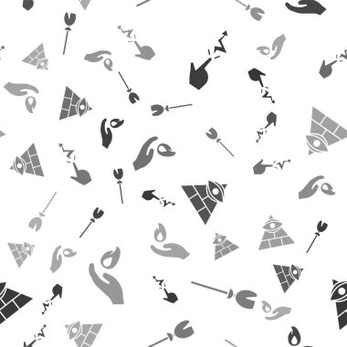 Büyü, Cadı Süpürgesi, Masonlar ve El 'i kusursuz desen üzerinde ateş yakmaya ayarlayın. Vektör.