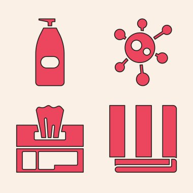 Havlu destesi, bir şişe sıvı antibakteriyel sabun, virüs ve ıslak mendil ikonu. Vektör.