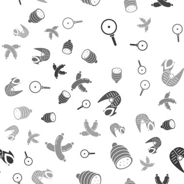 Kızartma tavası, salam sosisi ızgara balık bifteği, ateş alevi ve pürüzsüz bir şekilde çaprazlanmış sosis. Vektör.