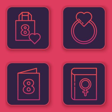 Yürekli alışveriş torbası, 8 Mart 'lı tebrik kartı, evlilik yüzüğü ve kadınlar hakkında kitap. Mavi kare düğme. Vektör.