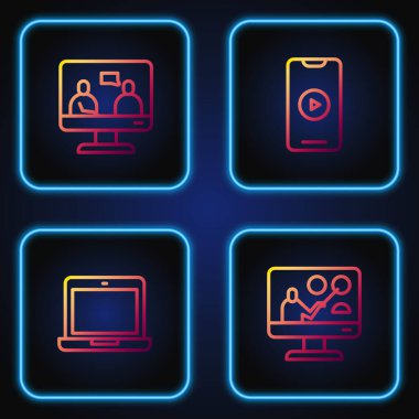 Çevrimiçi eğitim, dizüstü bilgisayar ve video oynat. Renk simgeleri. Vektör.