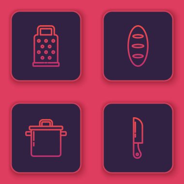 Hattı ayarla Grater, Tencere, Ekmek ve Bıçak. Mavi kare düğme. Vektör.