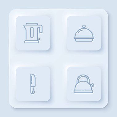 Elektrik ısıtıcısı, tepsi dolusu yiyecek, bıçak ve su ısıtıcısı ile kaplı. Beyaz kare düğme. Vektör.