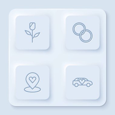 Çiçek gülü, alyanslar, kalbi ve limuzini olan bir yer. Beyaz kare düğme. Vektör.