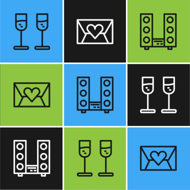 Bir kadeh şampanya, iki hoparlörlü ev teybi ve Envelope Valentine kalp ikonu. Vektör.