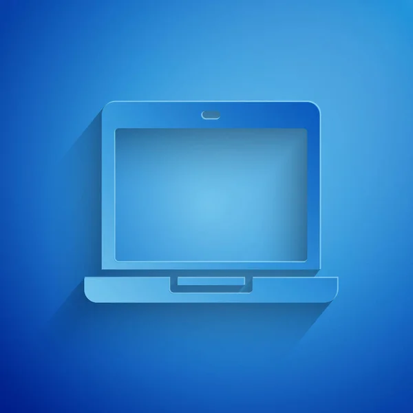 Papier Wyciąć Ikonę Laptop Izolowane Niebieskim Tle Notatnik Pustym Znakiem — Wektor stockowy