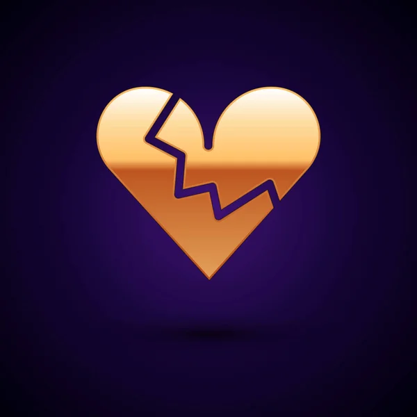 Gold Broken Heart Divorce Icon Isolated Black Background Love Symbol — Stock Vector