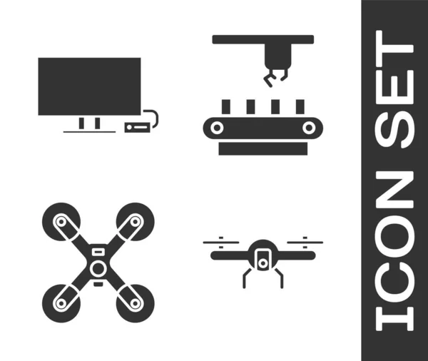 Definir Drone Voando Smart Drone Voando Ícone Correia Transportadora Sistema — Vetor de Stock