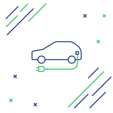 Elektrik hattı arabası ve elektrik kablosu şarj ikonu beyaz arka planda izole edildi. Yenilenebilir ekolojik teknolojiler. Renkli taslak konsepti. Vektör.