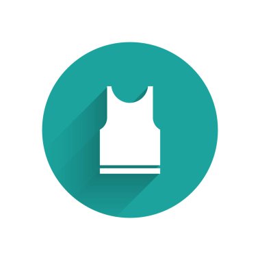 Uzun gölgeli beyaz kolsuz tişört ikonu. Yeşil daire düğmesi. Vektör İllüstrasyonu.