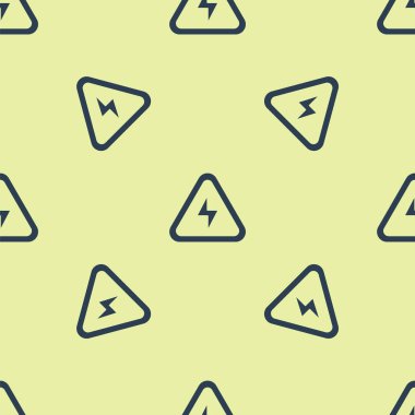 Mavi Yüksek voltaj ikonu sarı arka planda izole edilmiş pürüzsüz desen. Tehlike sembolü. Üçgendeki ok. Uyarı simgesi. Vektör.
