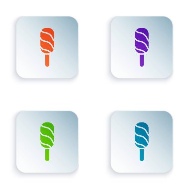 Beyaz arkaplanda izole edilmiş renkli dondurma ikonu. Güzel sembol. Kare düğmelere renkli simgeleri yerleştir. Vektör.