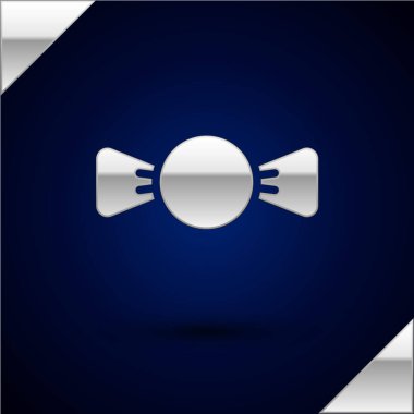 Koyu mavi arkaplanda gümüş papyon simgesi var. Vektör.