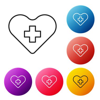 Siyah Çizgi Kalbi beyaz arka planda izole edilmiş bir haç simgesi. İlk yardım. Sağlık, tıbbi ve eczane işaretleri. Renkli daire düğmelerini ayarlayın. Vektör İllüstrasyonu.