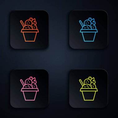 Kase simgesindeki renkli neon çizgisi dondurma siyah arka planda izole edilmiş. Güzel sembol. Kare düğmelere simgeleri yerleştir. Vektör.
