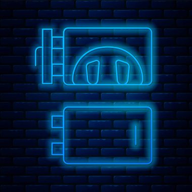 Parlayan neon hattı krematoryum ikonu tuğla duvar arka planında izole edilmiş. Vektör.