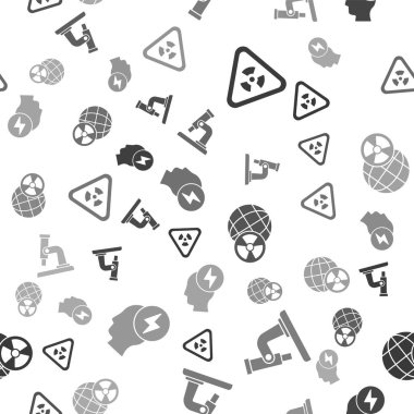Radyasyon, mikroskop, Dünya gezegeni, radyasyon, kafa ve elektrik sembolünü kusursuz desenlere ayarlayın. Vektör.