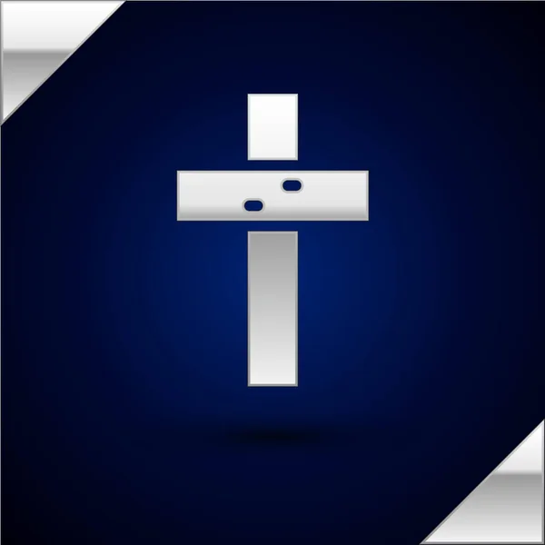 Silver Christian Cross Icon Isolated Dark Blue Background Church Cross — Stock Vector
