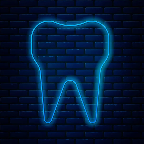 Zářící Neonová Čára Ikona Zubu Izolovaná Pozadí Cihlové Stěny Zubní — Stockový vektor