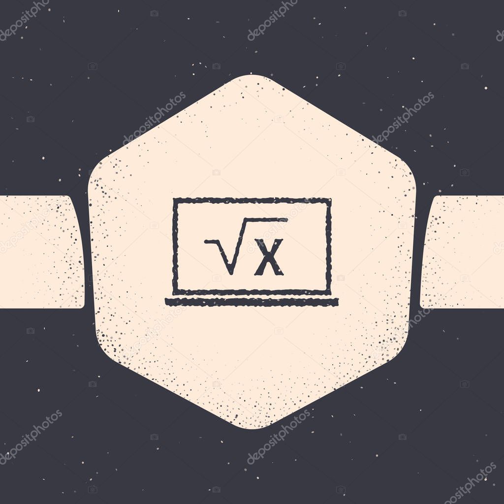 Grunge Square root of x glyph on chalkboard icon isolated on grey background. Mathematical expression. Monochrome vintage drawing. Vector.