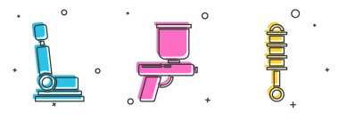 Araba koltuğu, sprey tabanca ve şok emici ikonu hazırla. Vektör.