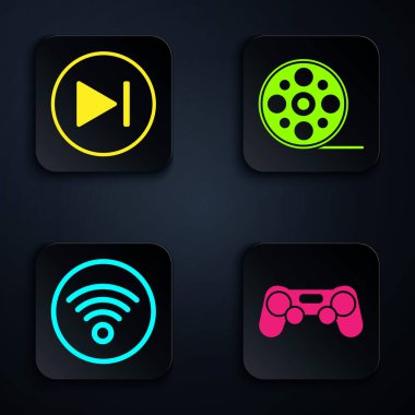 Gamepad, ileri sarma, kablosuz internet ağı ve film makarasını ayarla. Siyah kare düğme. Vektör.